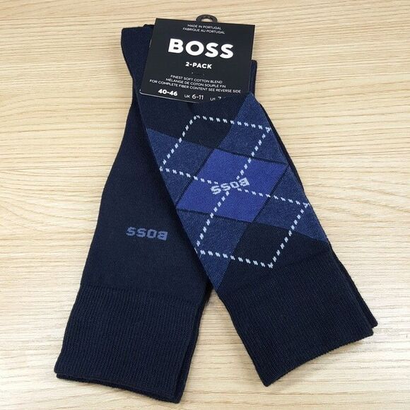 HUGO BOSS Crew Dress Socks Mens 7-13 Navy Argyle Solid 2-Pack Logo Cotton Blend - Picture 1 of 4